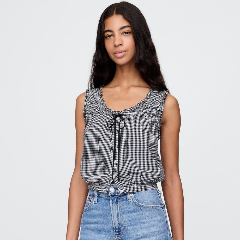 Gap × DÔEN Womens Navy Gingham Cropped Bow Tank Top Size M NWT Coquette Cottage